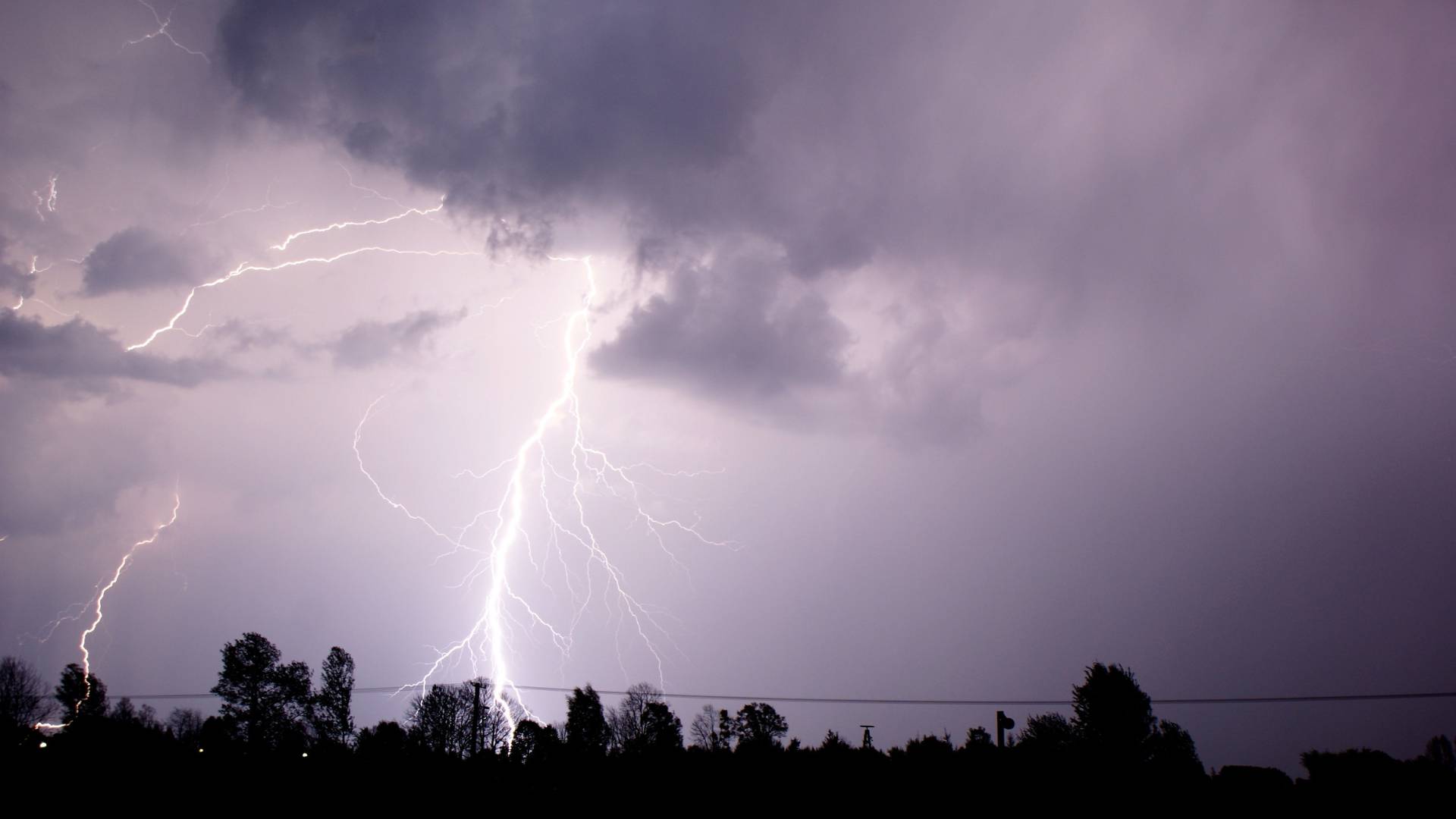 A bolt of white lightning shoots down from the clouds, demonstrating a situation in which tree pruning prevents storm damage.