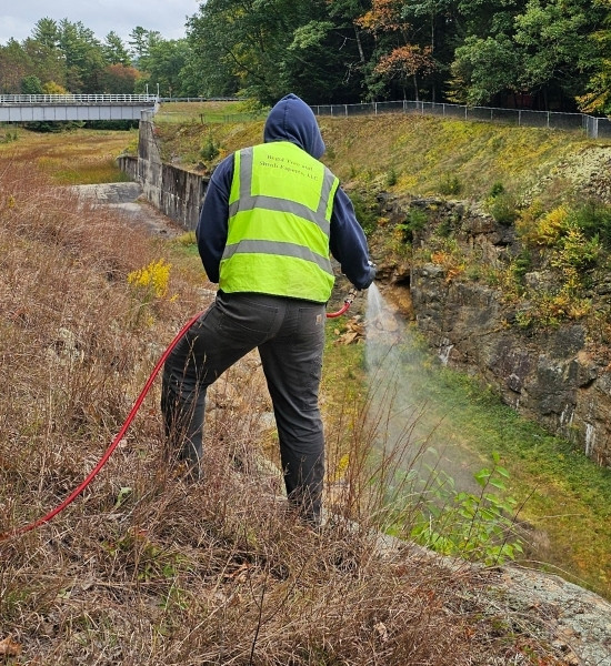 A Regal Tree & Shrub Experts plant health care technician applying vegetation control treatment along a rocky embankment near a bridge.