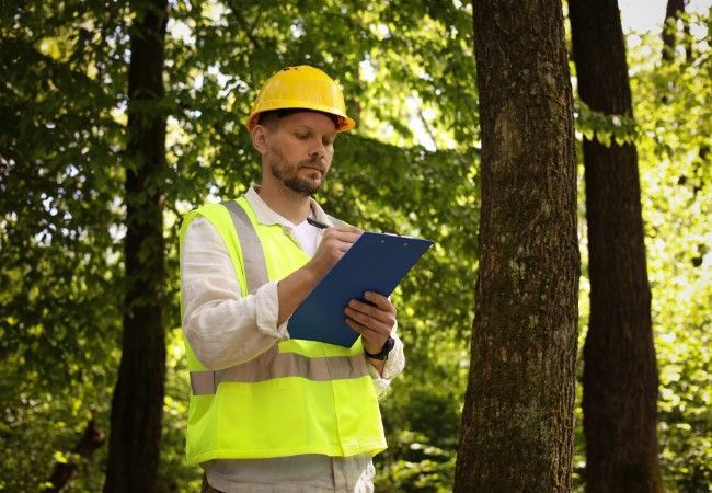 An arborist in a hard hat and safety vest inspecting a tree and taking notes.