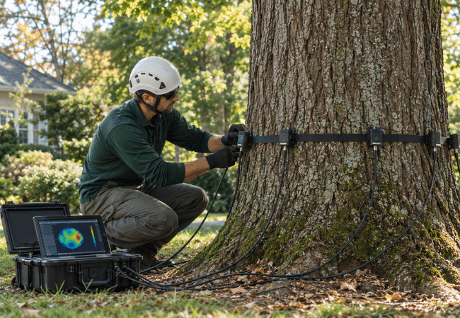 Sonic tomography shows what is going on inside a mature trunk without cutting into it. Arborist placing sonic tomography sensors around the trunk of a mature tree to check for hidden decay.