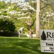 A Regal Tree sign in the foreground as a member of the team injects fertilizer in the background in Norfolk, MA.